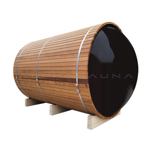 Heat Treated Wood 6 People Lay Down Barrel Outdoor Sauna Rooms Garden With Wood Burning Stove