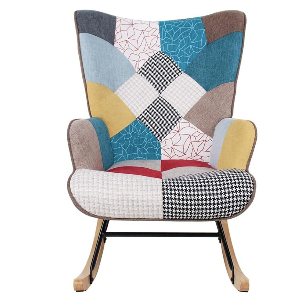 Patchwork Rocking Chair Mid Century Upholstered Rocker Glider Chair High Back Armchair with Wood Legs for Living room Bedroom