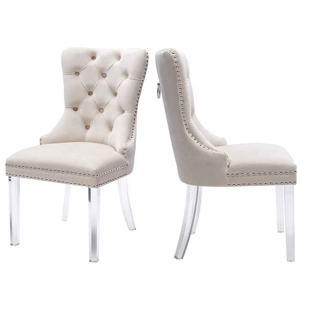 Stable Beige Wingback Velvet Dining Chair Set 2 Elegant Nailhead Trim wedding Chairs with Acrylic legs Velvet Dining Chair Set