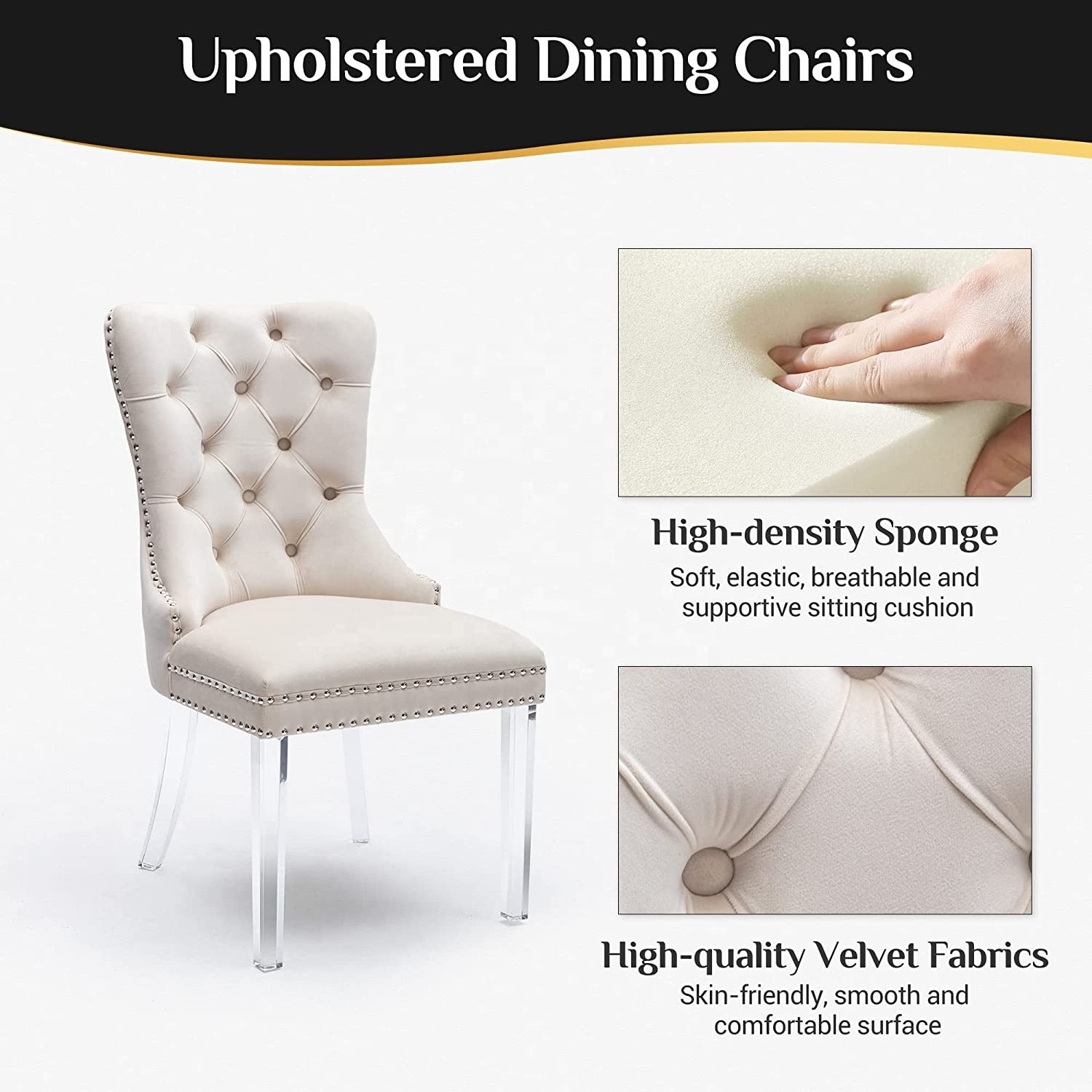 Stable Beige Wingback Velvet Dining Chair Set 2 Elegant Nailhead Trim wedding Chairs with Acrylic legs Velvet Dining Chair Set