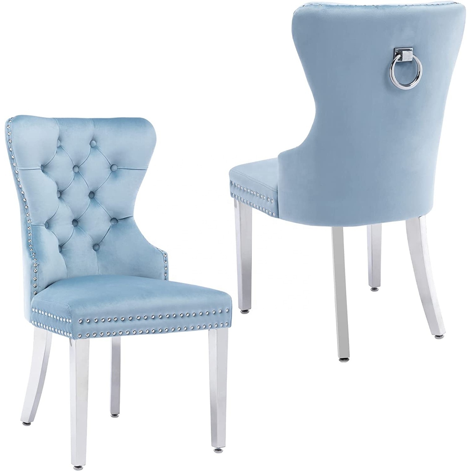 Wholesale French Style banquet chair Fabric Button Back Dining Chair with Knocker Soft Comfortable Sky Blue Fabric Dining Chair