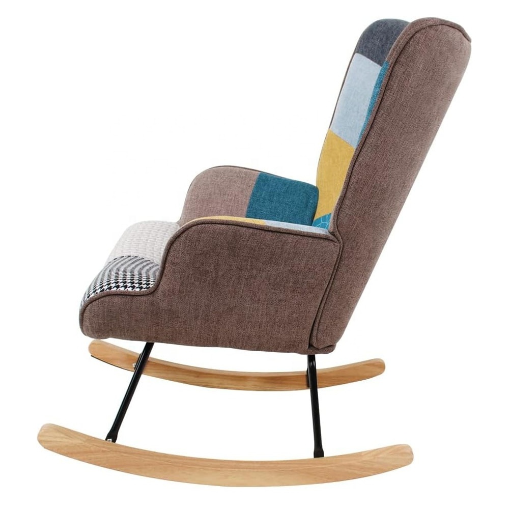 Patchwork Rocking Chair Mid Century Upholstered Rocker Glider Chair High Back Armchair with Wood Legs for Living room Bedroom