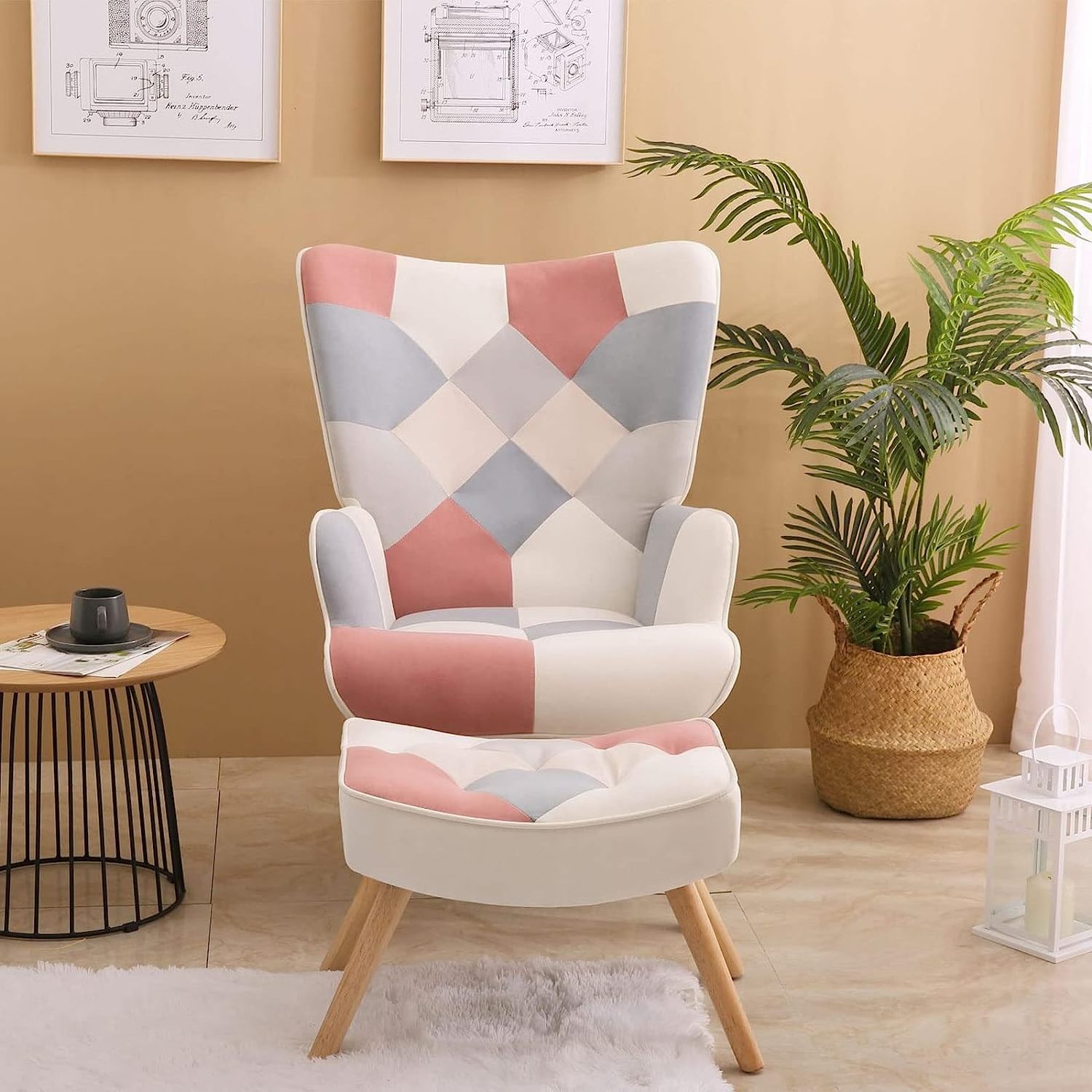 Modern Living Room Chair and Ottoman Set Comfy Arm Chair Upholstered Lounge Side Chair with Footrest for Home