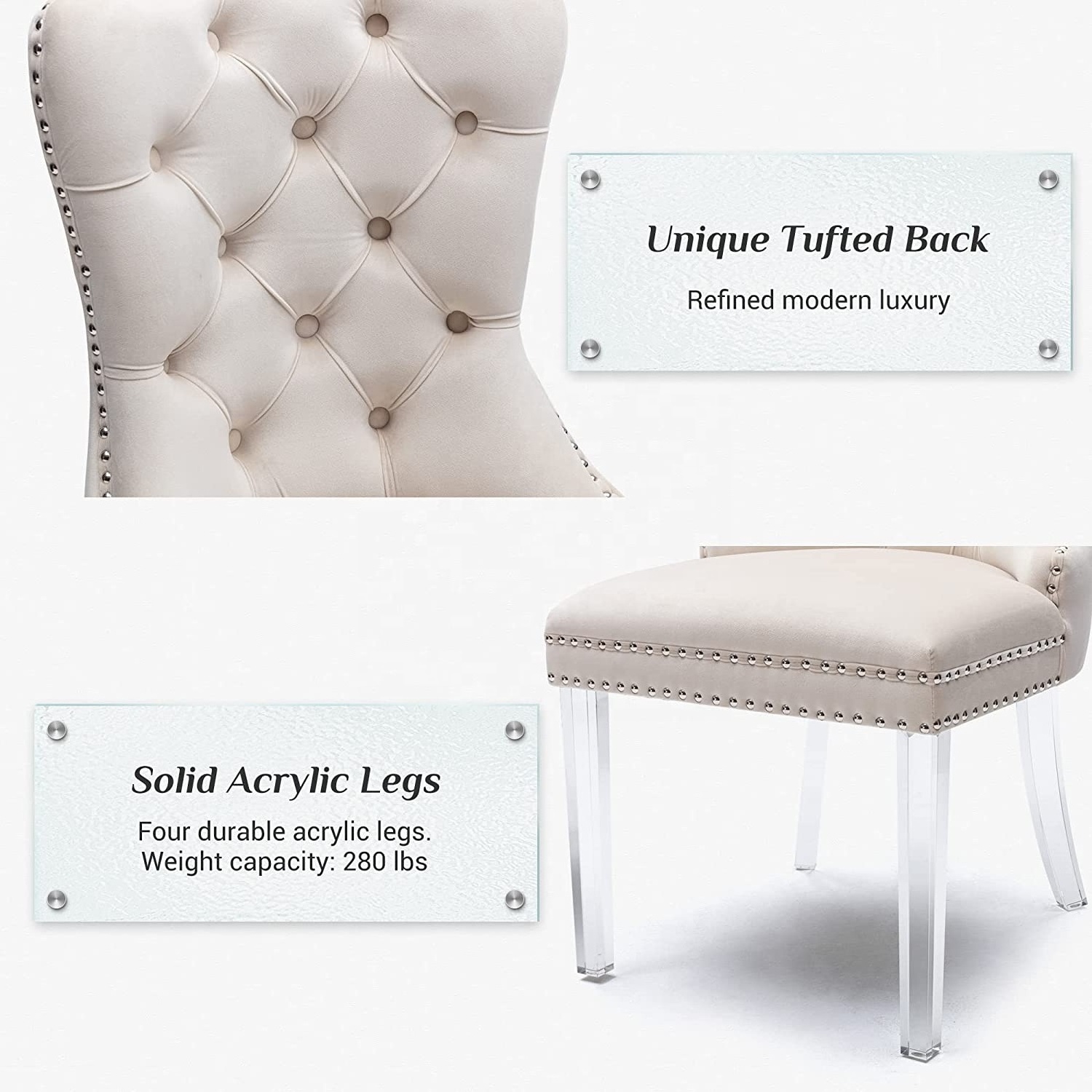 Stable Beige Wingback Velvet Dining Chair Set 2 Elegant Nailhead Trim wedding Chairs with Acrylic legs Velvet Dining Chair Set