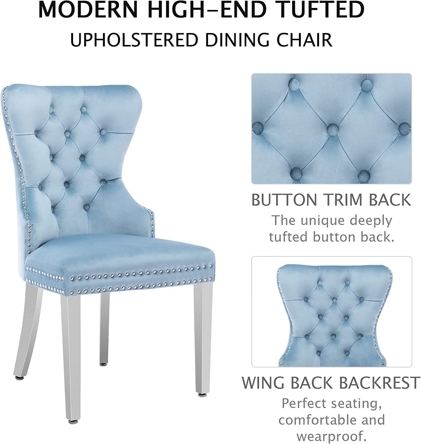 Wholesale French Style banquet chair Fabric Button Back Dining Chair with Knocker Soft Comfortable Sky Blue Fabric Dining Chair