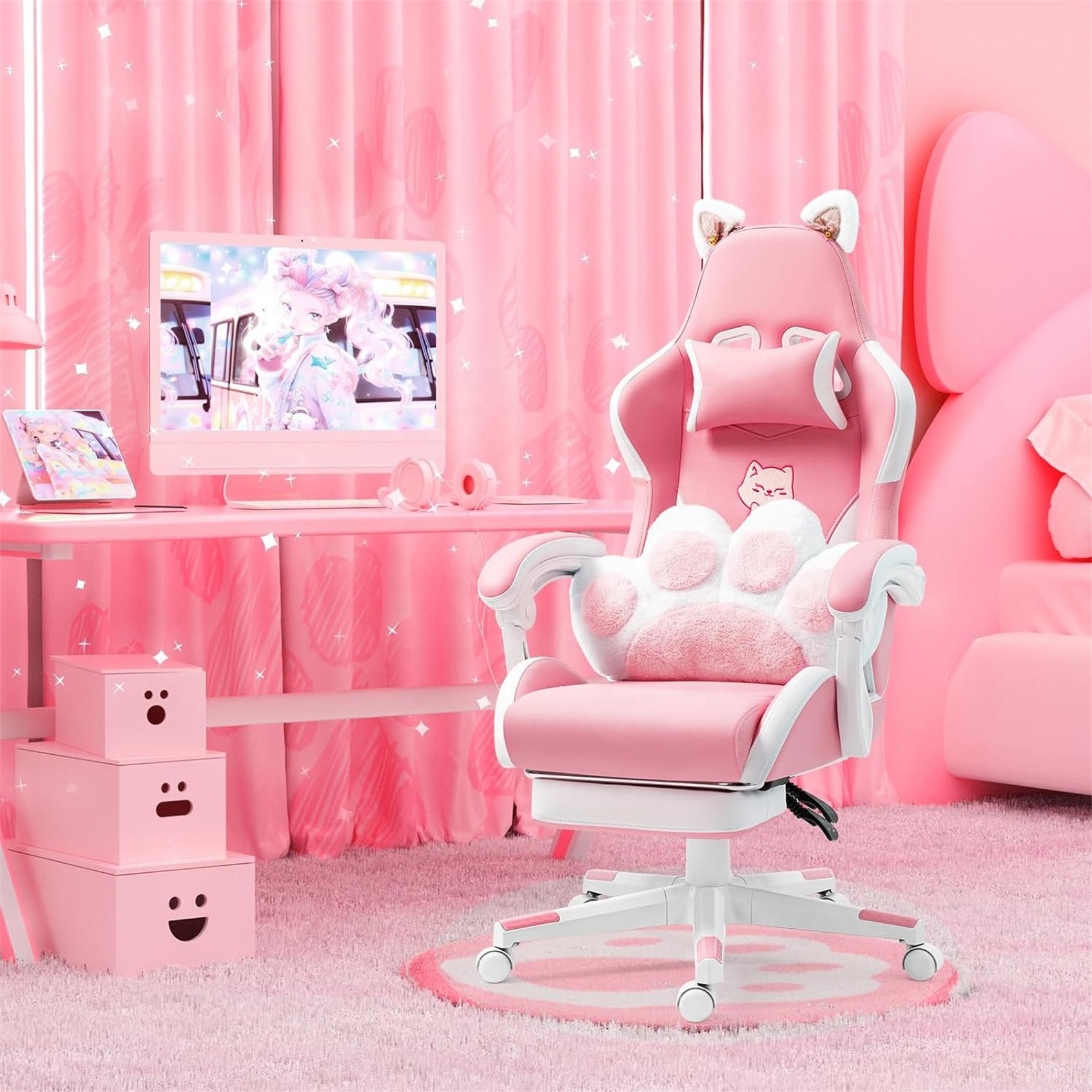 Leather Home Office Women Girl Cute Cat Gaming Chair Lumbar Pillow Pink hello cat gaming chair with footrest