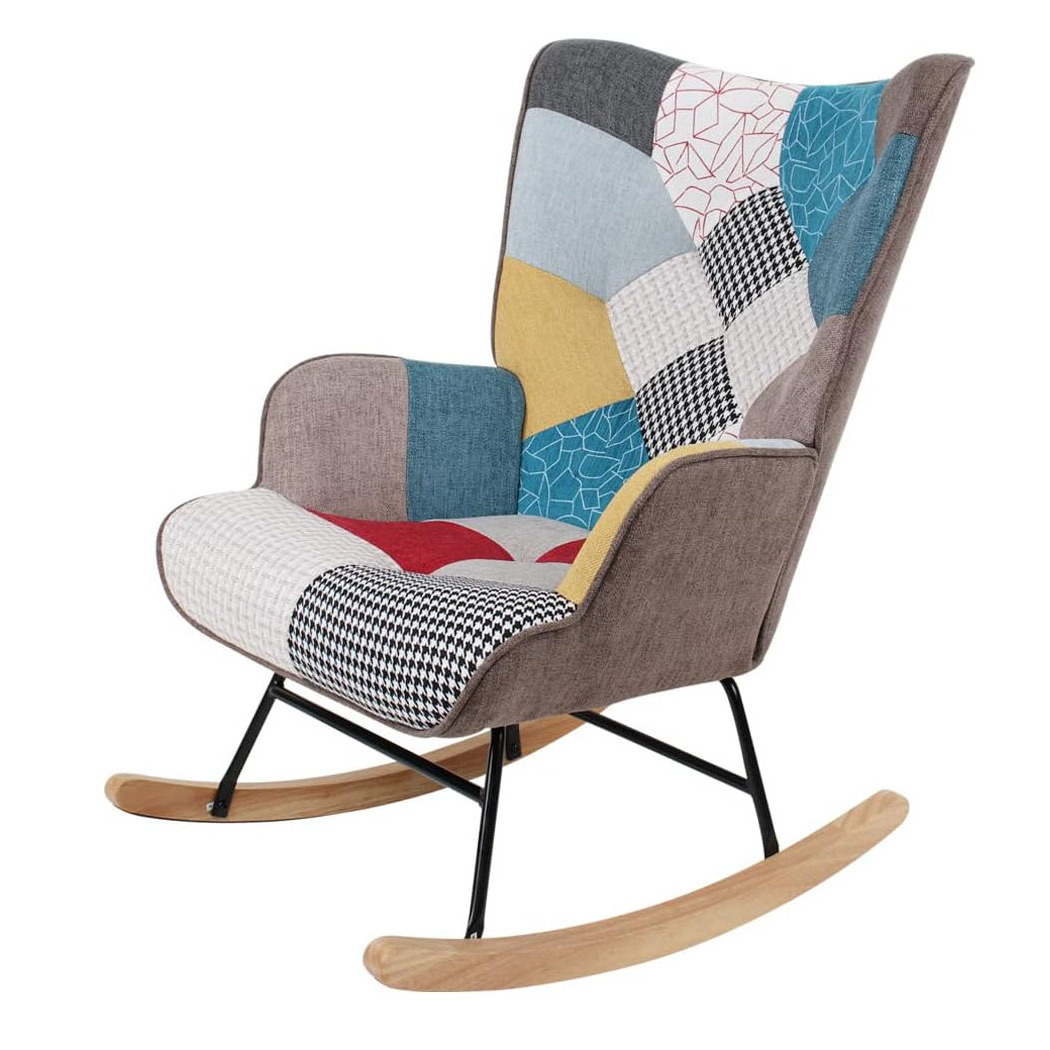 Patchwork Rocking Chair Mid Century Upholstered Rocker Glider Chair High Back Armchair with Wood Legs for Living room Bedroom