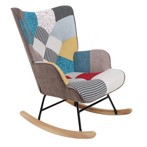 Patchwork Rocking Chair Mid Century Upholstered Rocker Glider Chair High Back Armchair with Wood Legs for Living room Bedroom