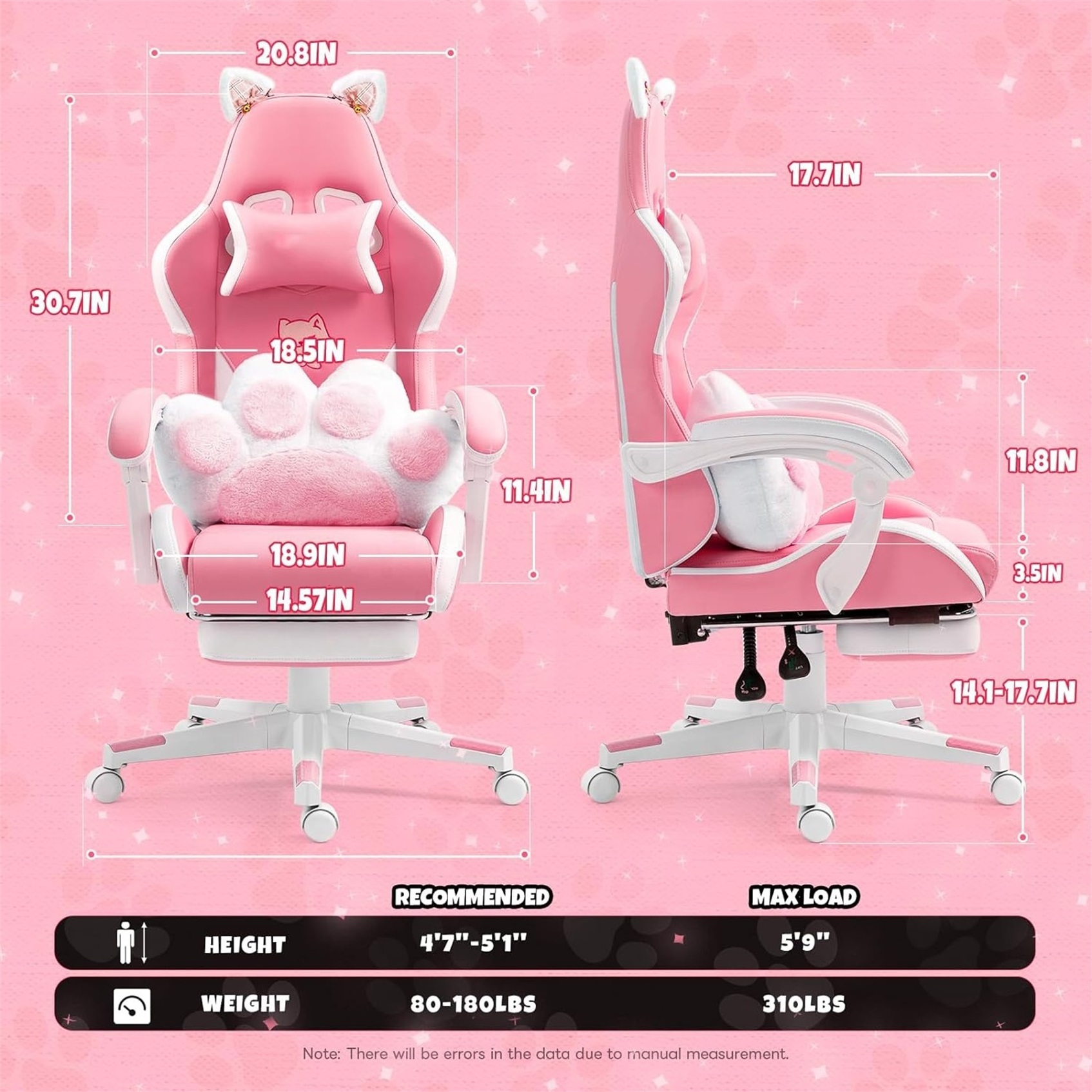 Leather Home Office Women Girl Cute Cat Gaming Chair Lumbar Pillow Pink hello cat gaming chair with footrest