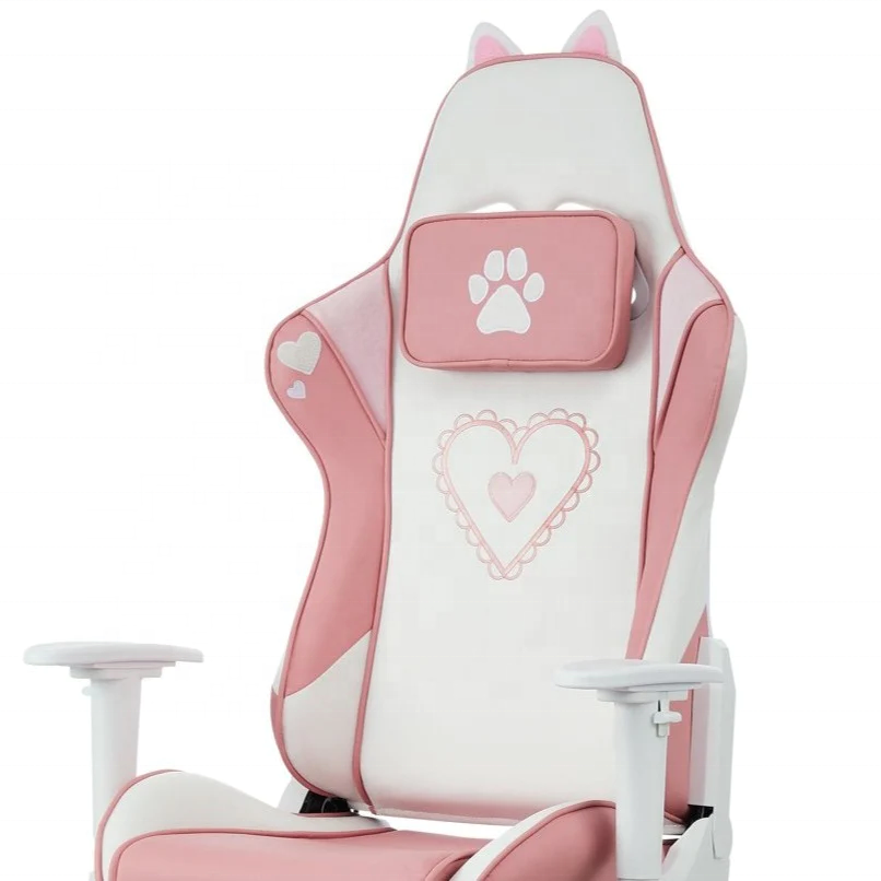 Colombia female gamer free shipping computer desk pink gaming chair cheap stock custom 2d white arm cute girl cat chair with paw