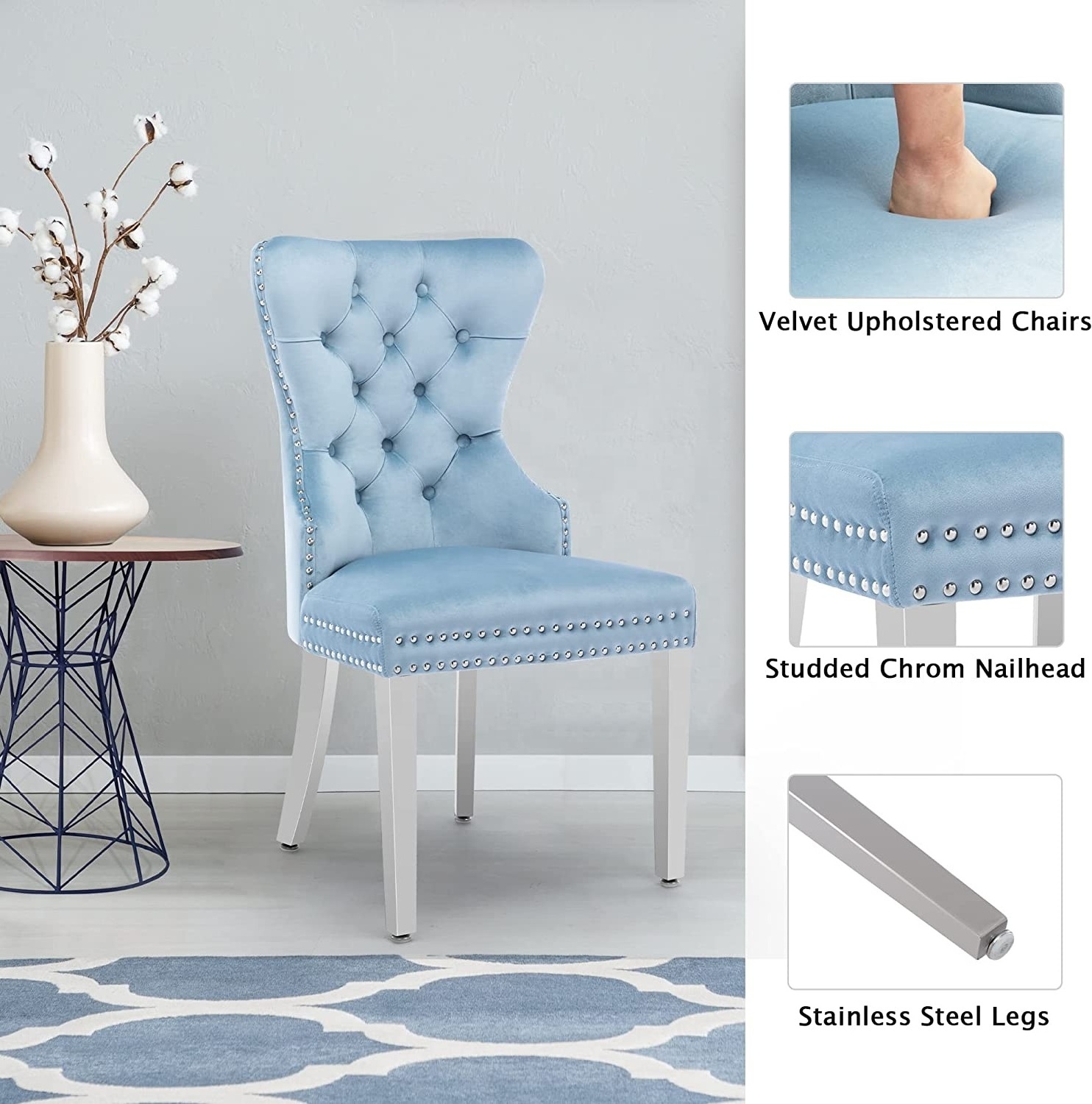 Wholesale French Style banquet chair Fabric Button Back Dining Chair with Knocker Soft Comfortable Sky Blue Fabric Dining Chair