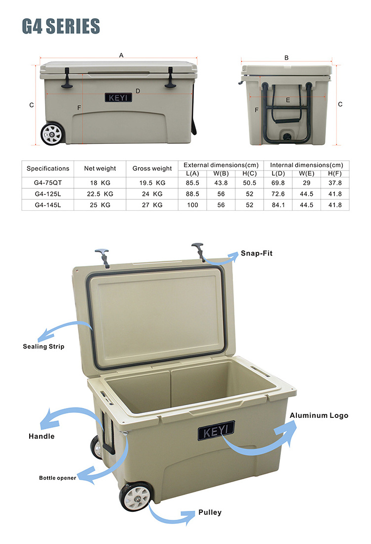 KEYI 125L Large Commercial Hard Plastic Rotomolded White Ice Chest Cooler Box