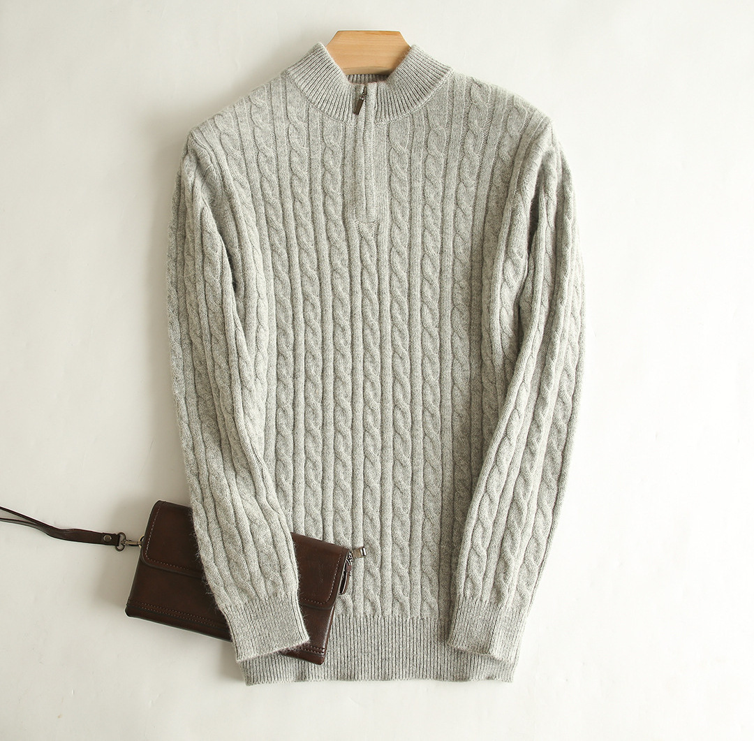 Classic men's Cable Knit Sweater winter wool blend Half turtleneck jumper heavy sweater 1/4 Zip up Pullover