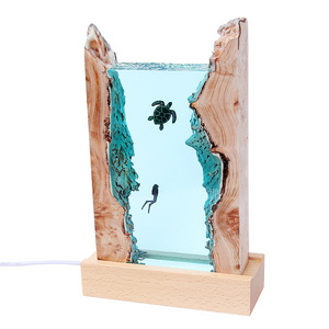 New style diver and humpback colorful ocean  turtles atmosphere solid wood resin desktop epoxy resin lamp