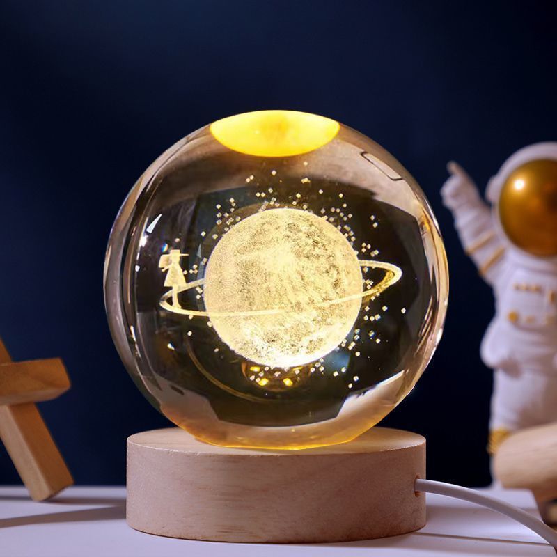 Solid Crystal Ball Solar System Moon Decor with Wood Base Warm White Rechargeable LED Night Light Birthday Gift Home Desk Decor