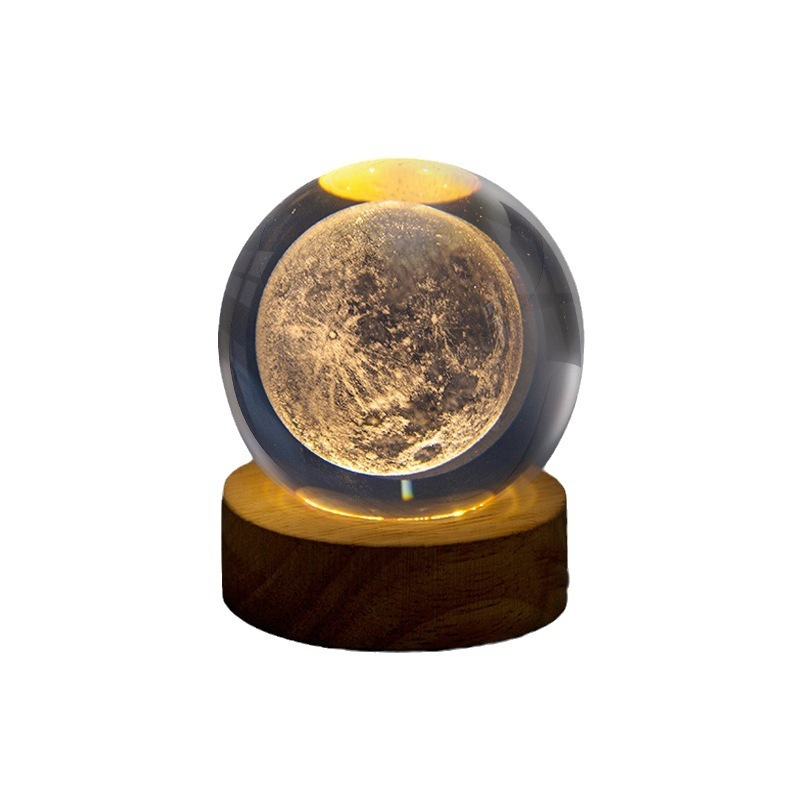 Solid Crystal Ball Solar System Moon Decor with Wood Base Warm White Rechargeable LED Night Light Birthday Gift Home Desk Decor