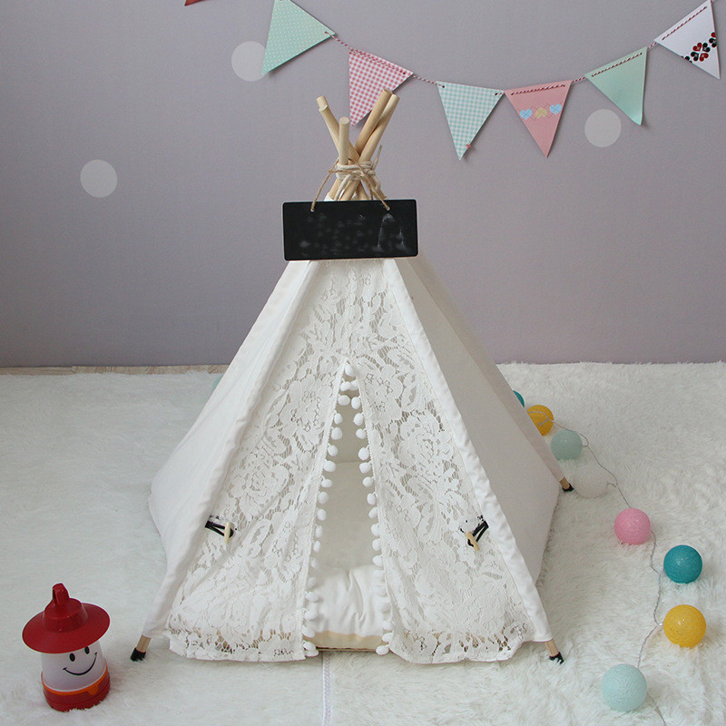 3 Sizes White Lace Pet Teepee Dog Canvas Cat Bed Portable Dog Teepee Tents Washable Pet Houses