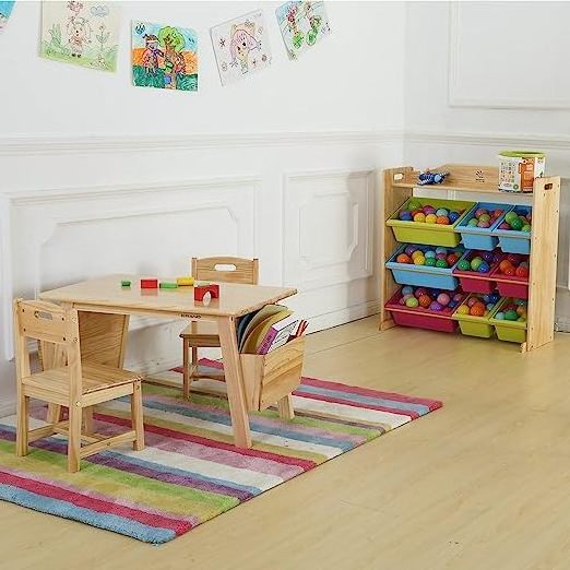 Kids Furniture Table and 2 Chair Set with Storage Desk and Chair Set for Children Toddler Activity Table Solid Wood Natural