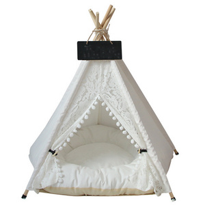 3 Sizes White Lace Pet Teepee Dog Canvas Cat Bed Portable Dog Teepee Tents Washable Pet Houses