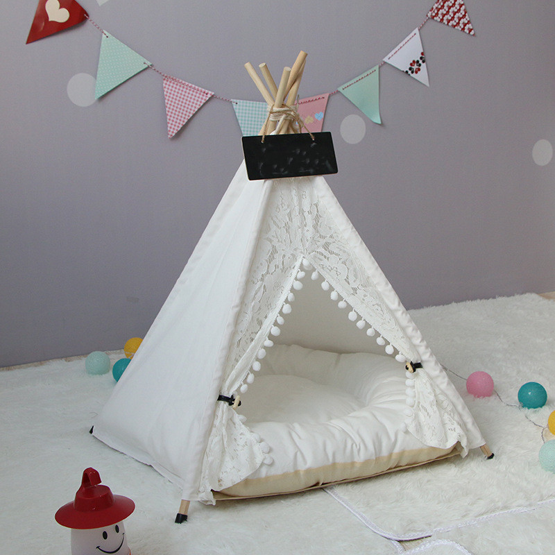 3 Sizes White Lace Pet Teepee Dog Canvas Cat Bed Portable Dog Teepee Tents Washable Pet Houses