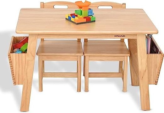 Kids Furniture Table and 2 Chair Set with Storage Desk and Chair Set for Children Toddler Activity Table Solid Wood Natural