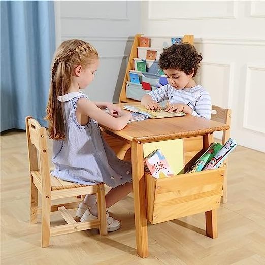 Kids Furniture Table and 2 Chair Set with Storage Desk and Chair Set for Children Toddler Activity Table Solid Wood Natural