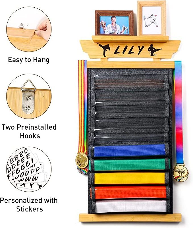 Personalized Martial Arts Wooden Taekwondo Belt Holder Hanging Display for 6 and 8 and 10 Belts