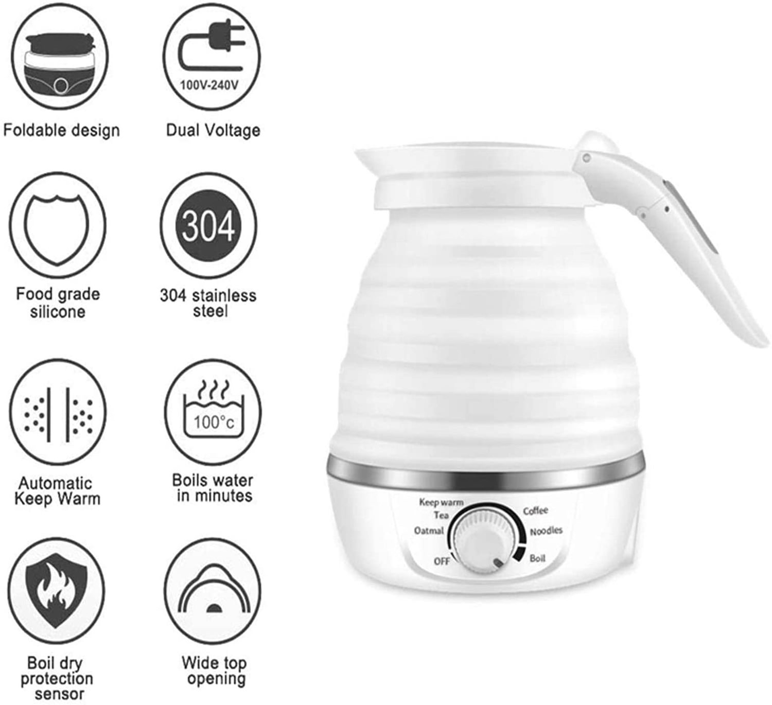 0.6L Collapsible Travel Mini Silicone Portable Foldable Stainless Steel Electric Kettle For Boiling Water