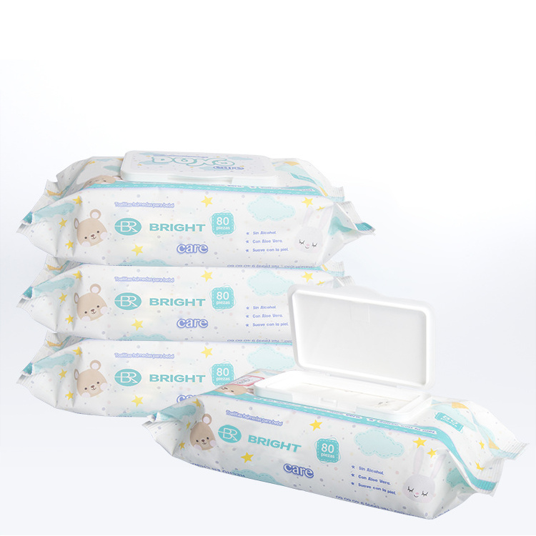 Factory Directly Sale Private Label Biodegradable Wet Tissue 80 Count Soft Non-woven Baby Wipes with Lid for Babies Skin Clean