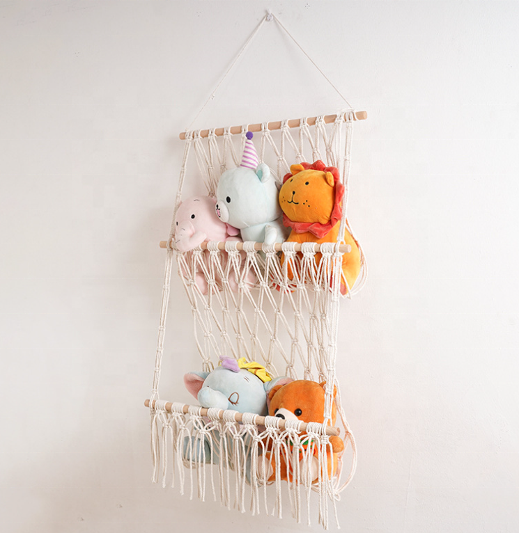 Nordic Hand-woven Cotton Rope Double Shelf Macrame Toy Hammock Hanging For Nursery Playroom Bedroom Kids Room Storage