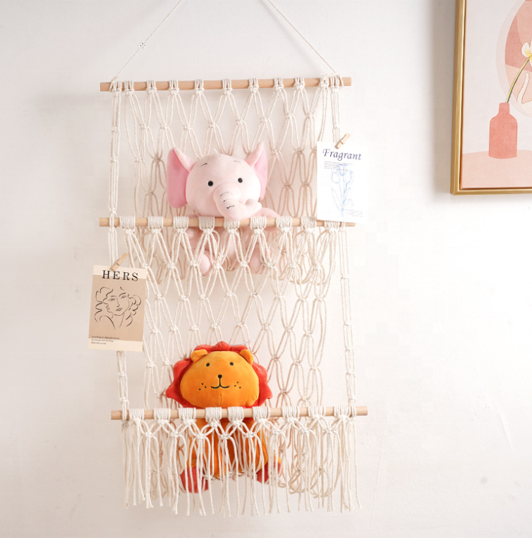 Nordic Hand-woven Cotton Rope Double Shelf Macrame Toy Hammock Hanging For Nursery Playroom Bedroom Kids Room Storage