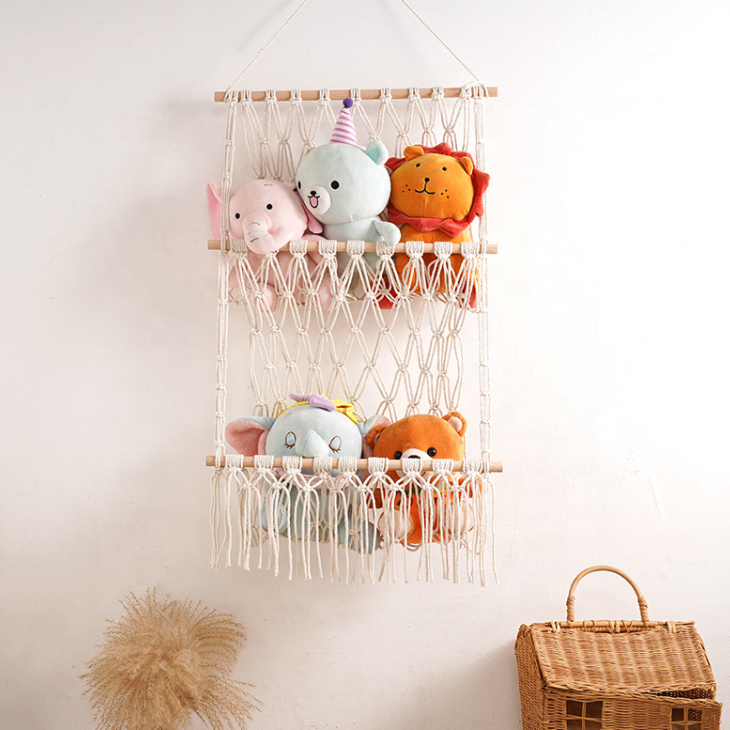 Nordic Hand-woven Cotton Rope Double Shelf Macrame Toy Hammock Hanging For Nursery Playroom Bedroom Kids Room Storage