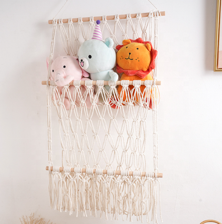 Nordic Hand-woven Cotton Rope Double Shelf Macrame Toy Hammock Hanging For Nursery Playroom Bedroom Kids Room Storage