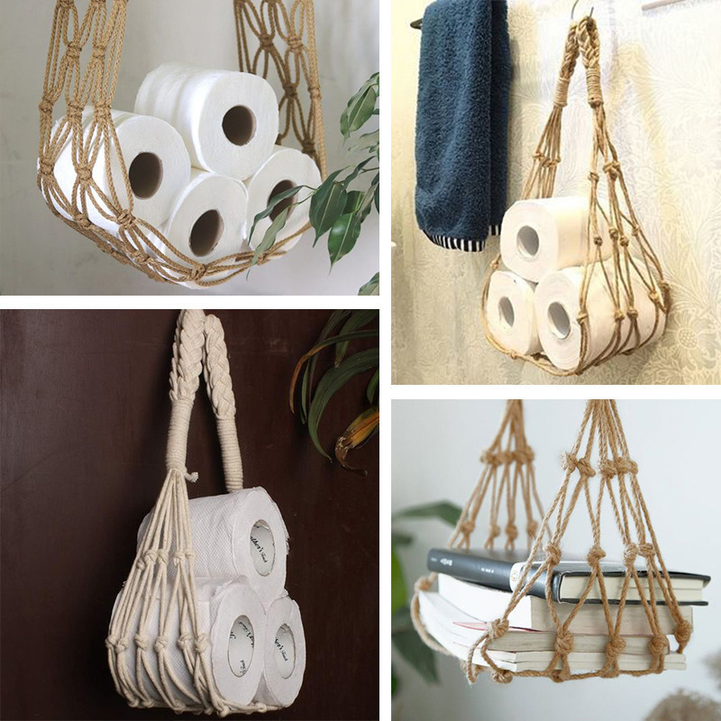 Nordic Macrame Wall Hangs Wooden Toilet Roll Paper Holder Towel Hanger Boho Decor Room Adornment Home Decor for Kitchen Bathroom