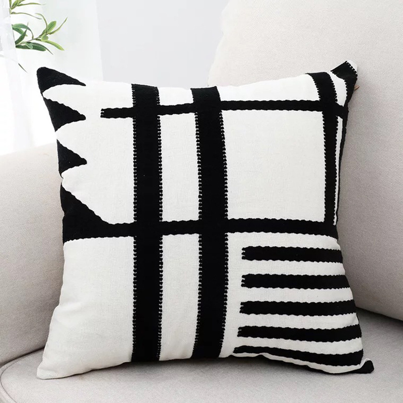 Home Decorative 3D Black And  White Gray Velvet Embroidery Throw Pillow Cushion Cover