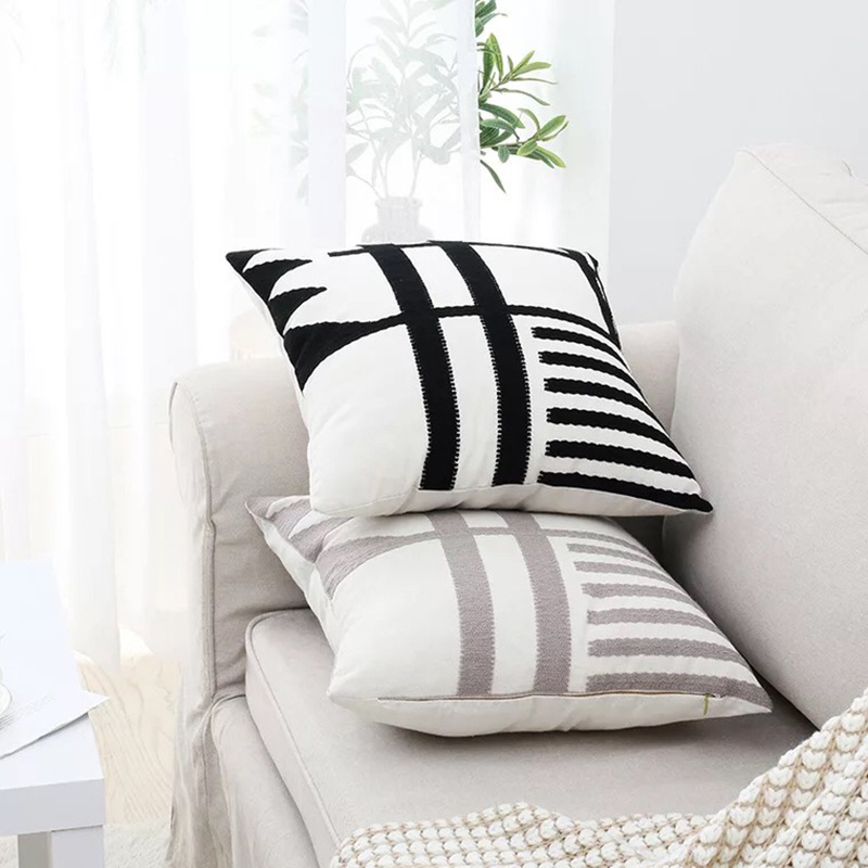 Home Decorative 3D Black And  White Gray Velvet Embroidery Throw Pillow Cushion Cover