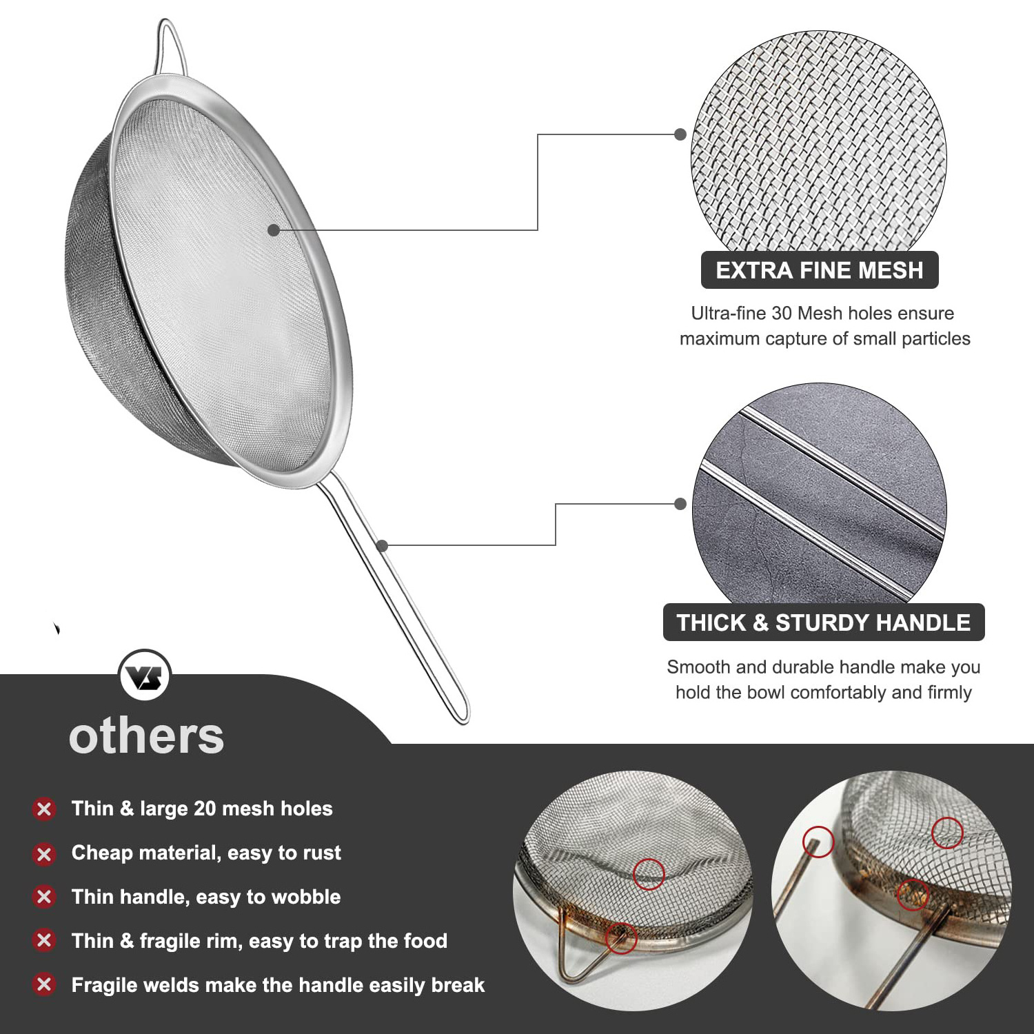 Fine Tea Coffee Durable Flour Sieve Stainless Steel Colanders Strainers Fine Mesh Food Pasta Strainer Kitchen Colander Set