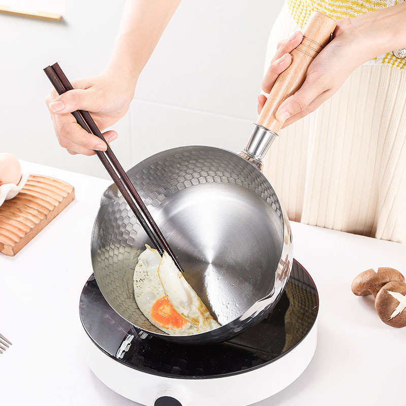 Stainless Steel Snow Flat Pot Uncoated Side Food Fryer Thickened Instant Noodle Pot Japanese Wooden Handle Soup Milk Pot