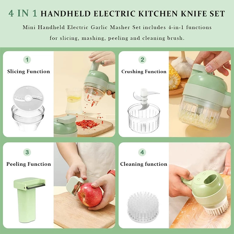 Vegetable Cutter Set 4 In 1 Handheld Electric Durable Chili Vegetable Crusher Kitchen Tool USB Charging Garlic Masher Machine