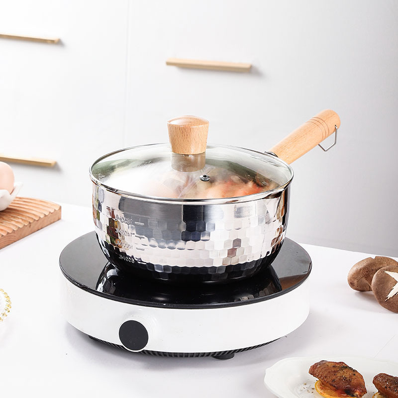 Stainless Steel Snow Flat Pot Uncoated Side Food Fryer Thickened Instant Noodle Pot Japanese Wooden Handle Soup Milk Pot