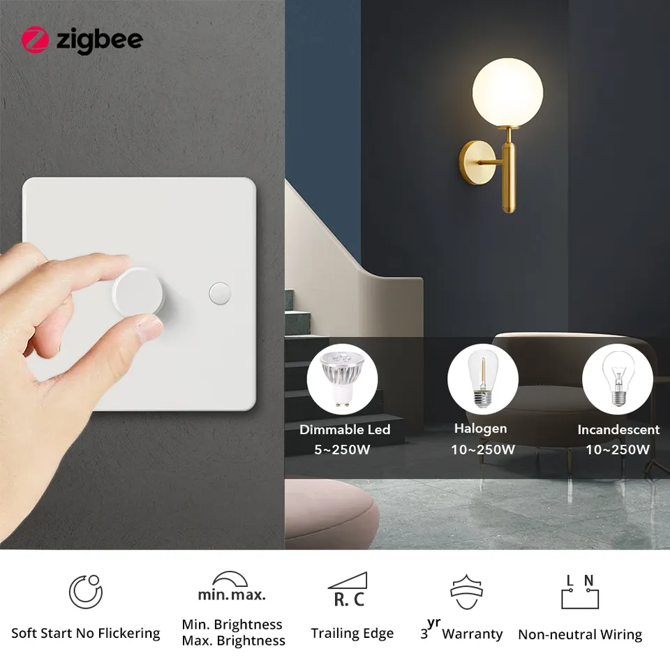 No Neutral Required Rotary Zigbee Dimmer Switch for Dimmable LED Halogen Incandescent Bulb