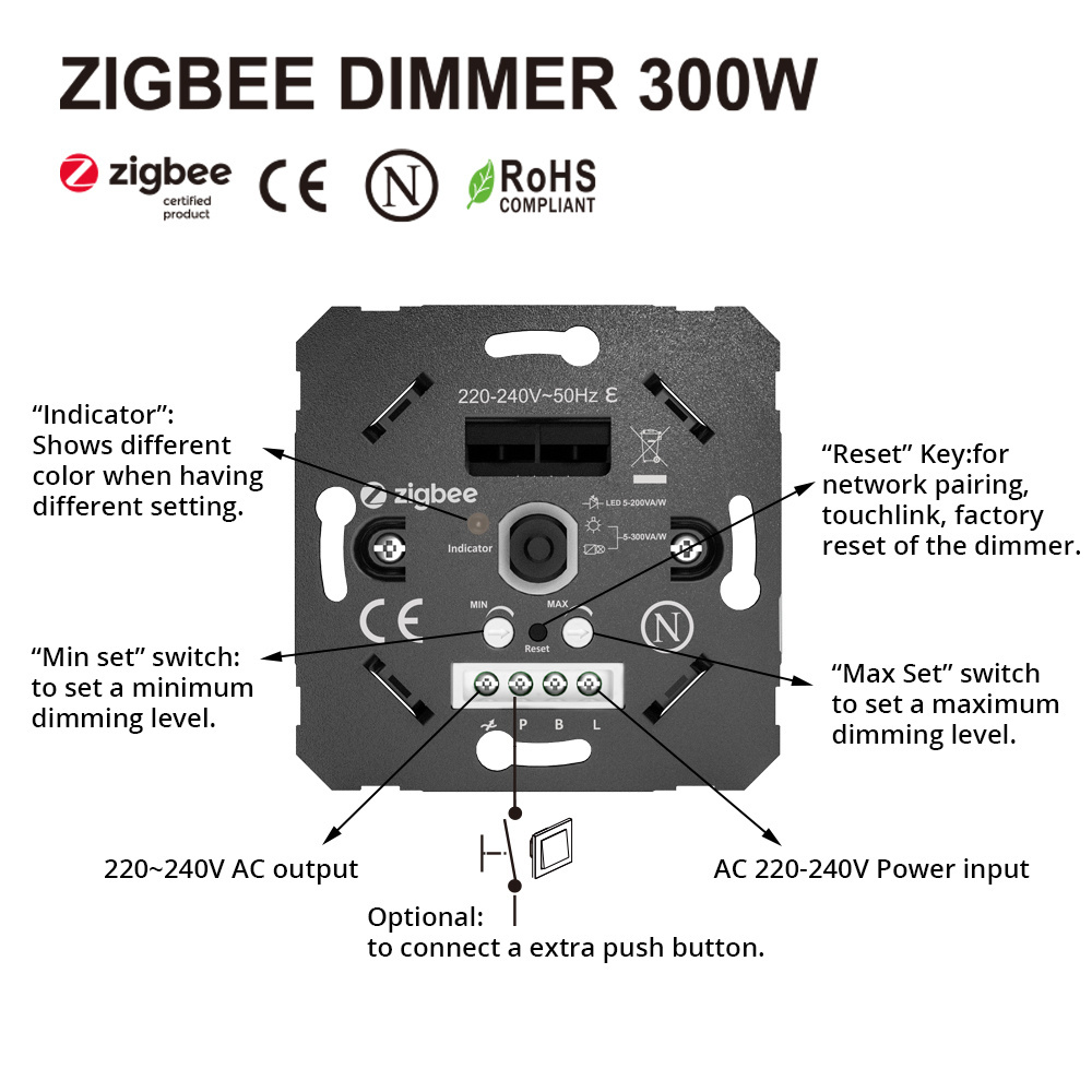 EU 220V 300W light Control Multi Way Digital Remote Smart Switch Zigbee Led Dimmer