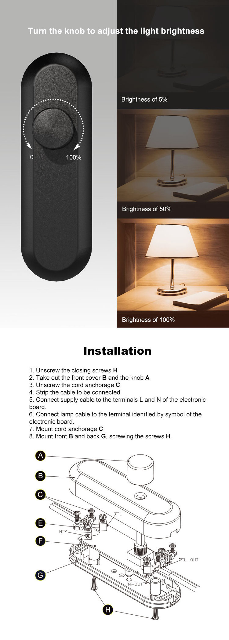 CFG-C05 In-line Rotary Dimmer 50W Cord Dimmer Switch for Table Lamps