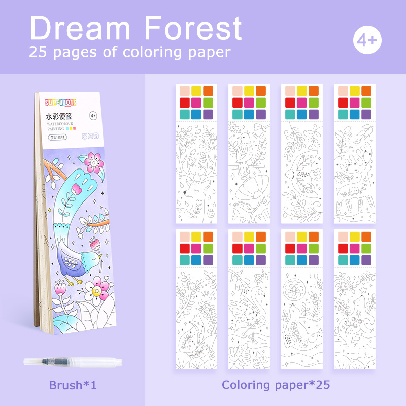 no mess 25 sheets Dream Forest designs Pocket painting BOOK, water color patterns paper bookmark art brush for Girls Kids Toddle