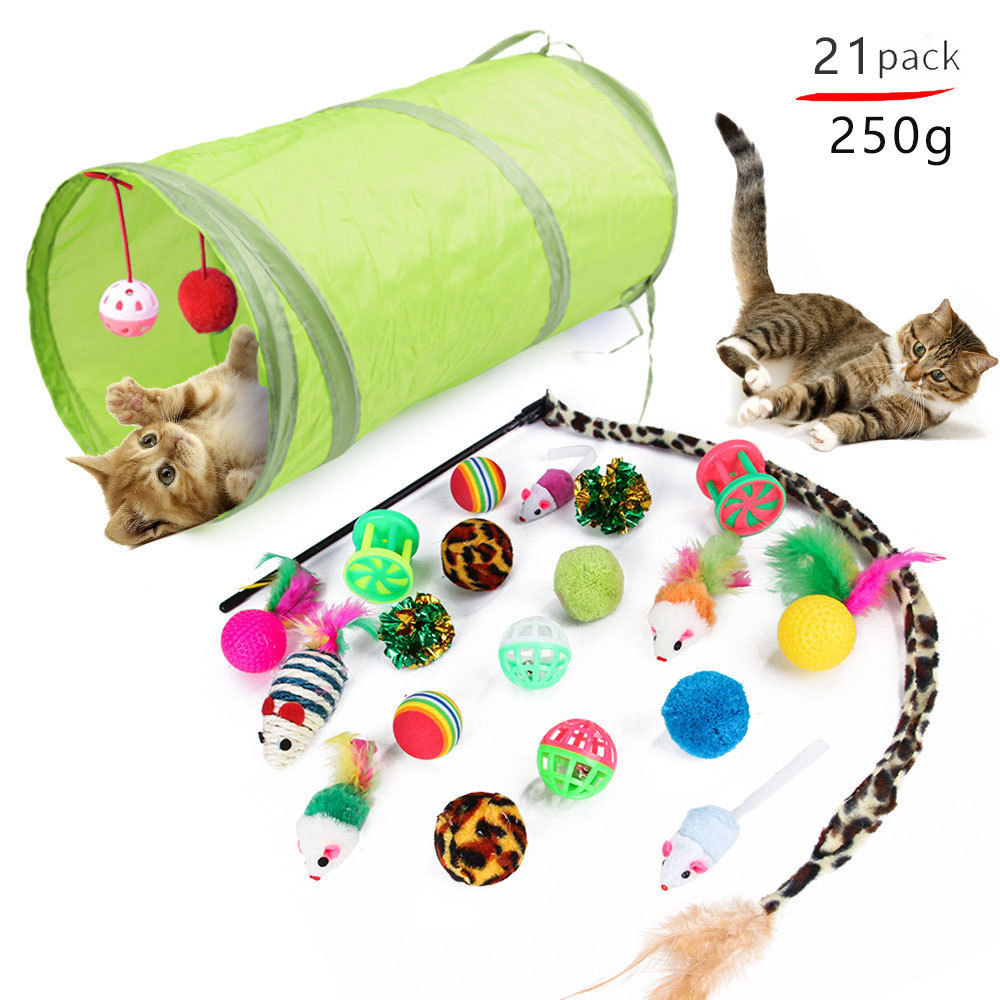 Hot Sale 21Pcs/Pack Retractable Cat Toy Wand Kitten Cat Pet Toy Wire Chaser Wand Teaser Feather Toys with Cat Tunnel