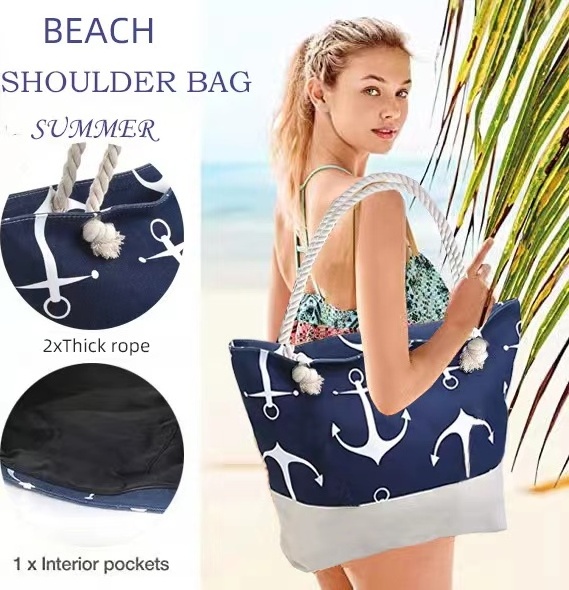 Wholesale Bulk Foldable Fashional Customized Shopping Bags popular Large Beach Cotton Canvas Shoulder Bag With Rope Handles