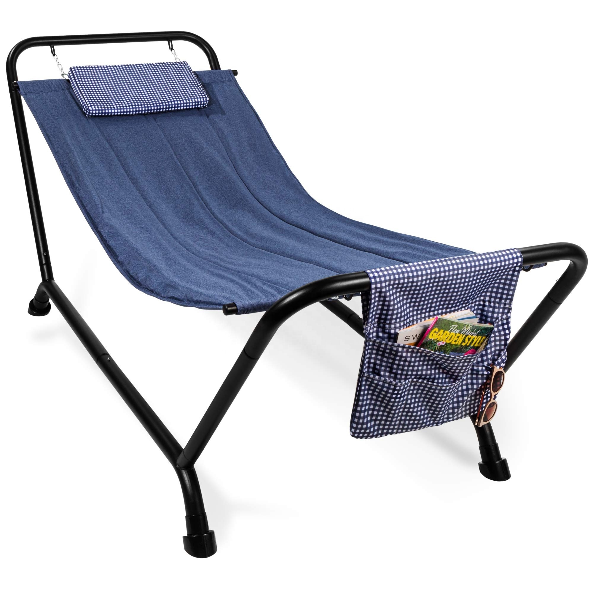 Outdoor Patio Hammock with Stand, Pillow, Storage Pockets for Backyard, Garden, Park