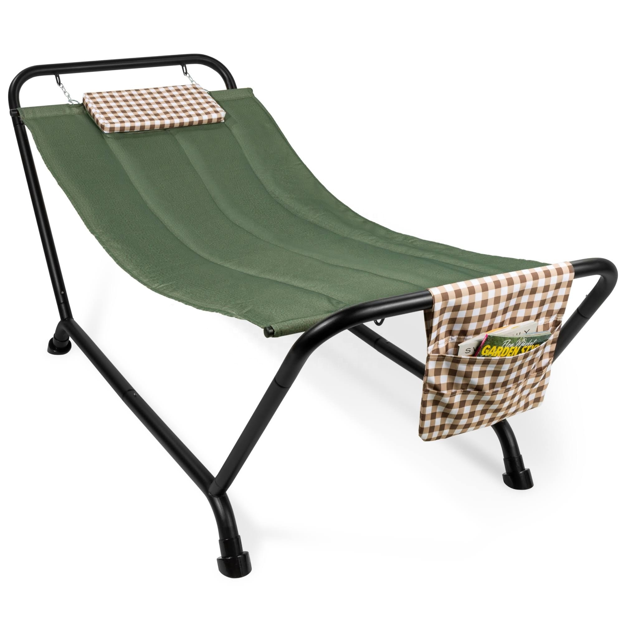 Outdoor Patio Hammock with Stand, Pillow, Storage Pockets for Backyard, Garden, Park