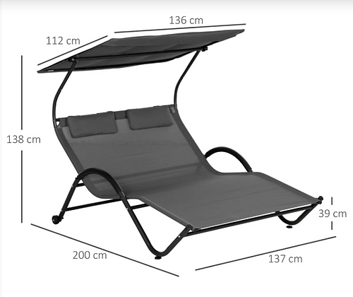 Double Patio Chaise Lounge Chairs with Canopy and Pillows Sun Bed and Lounger