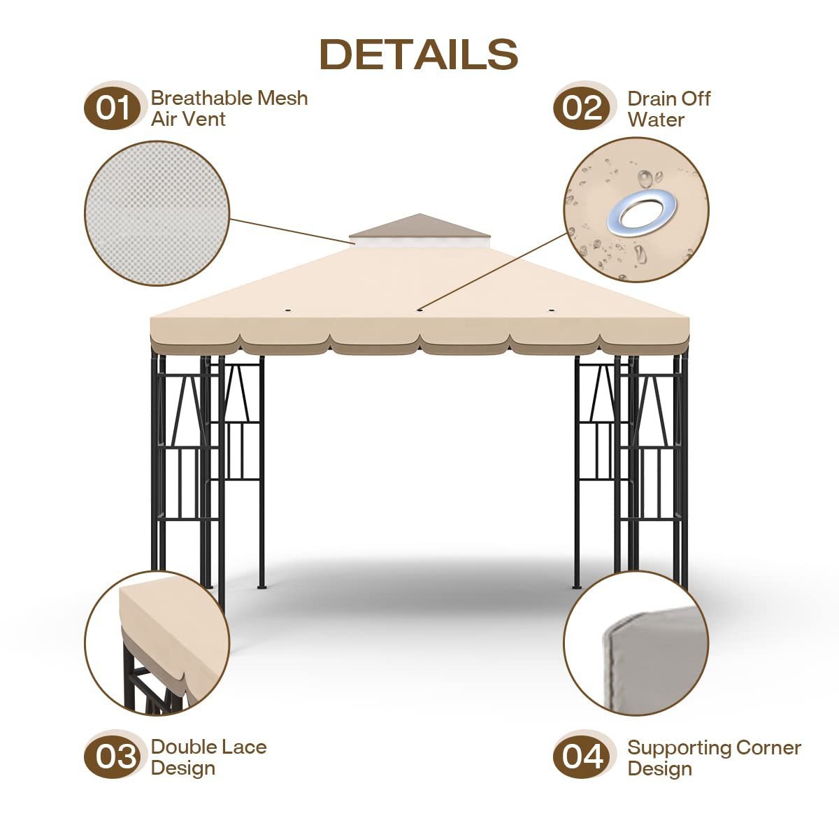 10x10 FT Gazebo Replacement Canopy Double Tiered Canopy Top Cover for Outdoor BBQ Roof Cover Grill Shelter